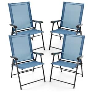 4 -Piece Folding Sling Back Chair Portable Armrests Metal Outdoor Dining Chair in Blue