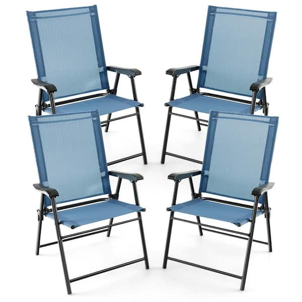 Costway 4 Piece Folding Sling Back Chair Portable Armrests Metal Outdoor Dining Chair in Blue A1Q21 10N96G3 4 A The Home Depot