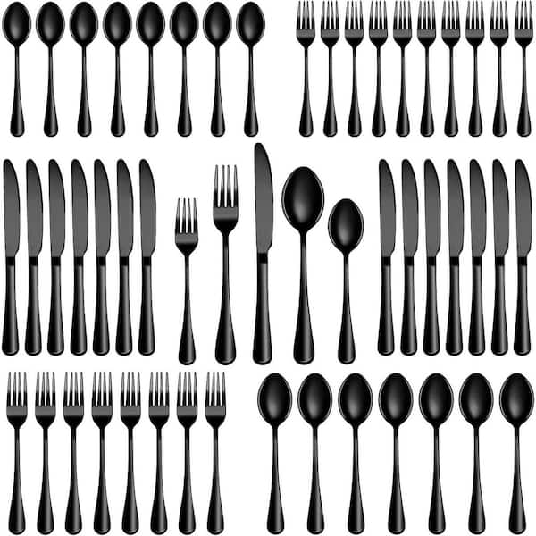 50-Piece Modern Black Stainless-Steel Kitchen Mirror Polished Flatware Cutlery Set (Service for 10)
