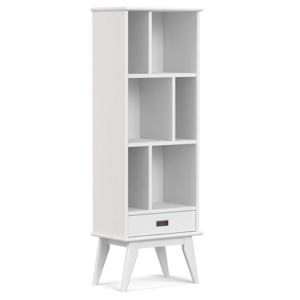 White Solid Hardwood Mid-Century Modern Bookcase with Storage Drawer