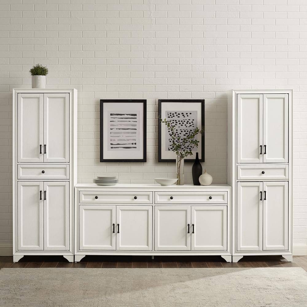 Distressed White 3-Piece Sideboard and Pantry Set with Cabinets