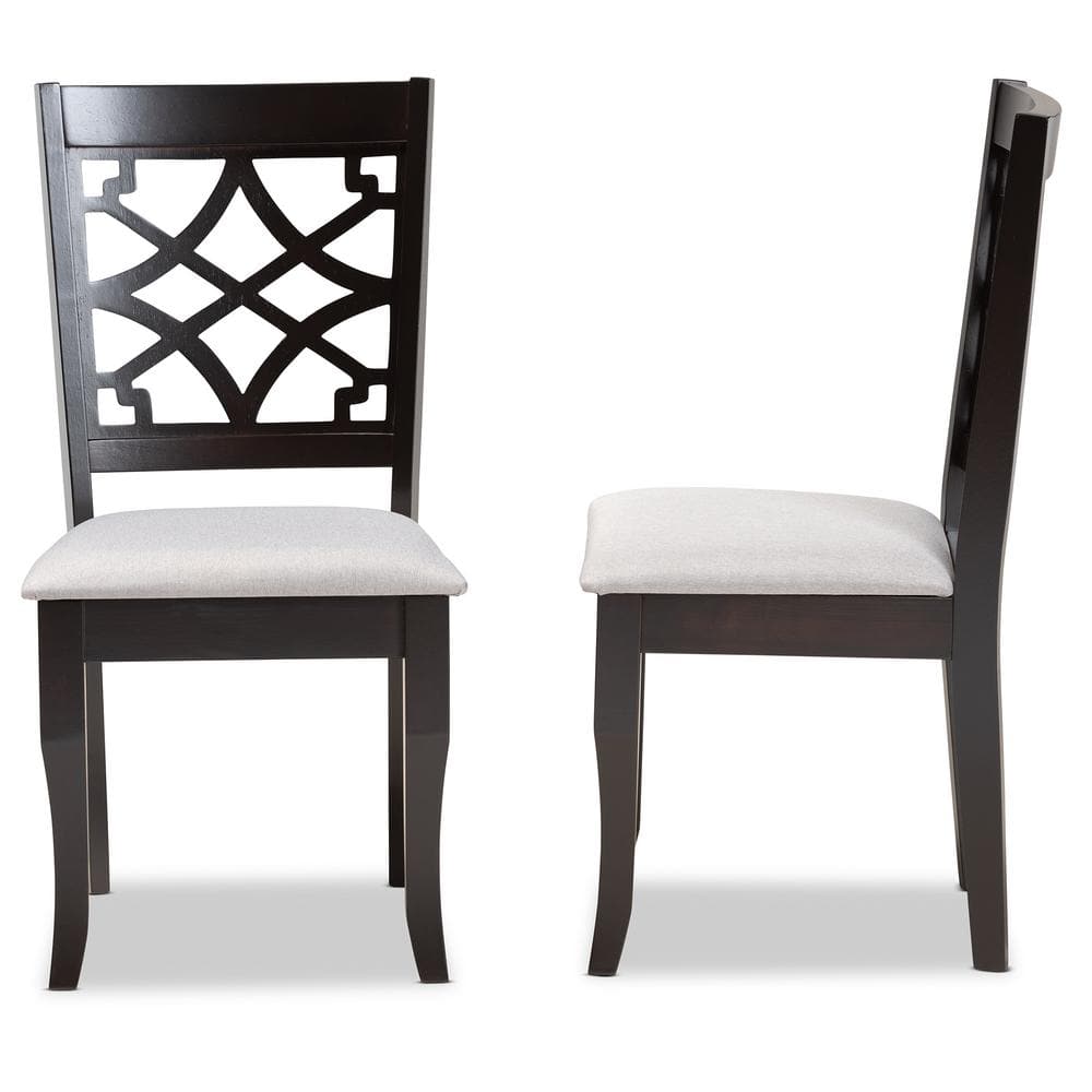 Set of 2 Grey Fabric and Dark Brown Wood Dining Chairs with Cut-Out Back