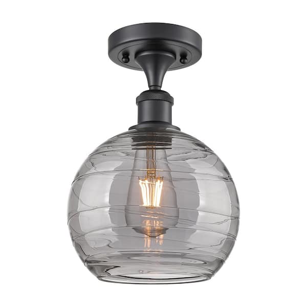 Athens Deco Swirl 8 in. 1-Light Matte Black Industrial Semi-Flush Mount with Smoked Glass Shade