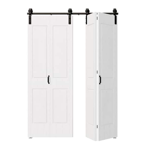60 in. x 84 in. White Painted, MDF, 4 Panel Pre-assembled Panel Bi-Fold Style Sliding Barn Door with Hardware Kit