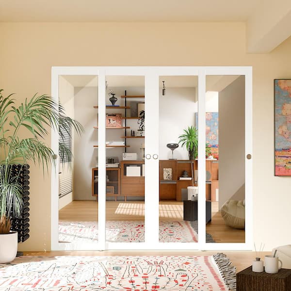 144 in. x 80 in. 1-Lite Mirrored Glass Solid Core White Primed MDF, Double Sliding Door with Handle and Hardware Kit Set