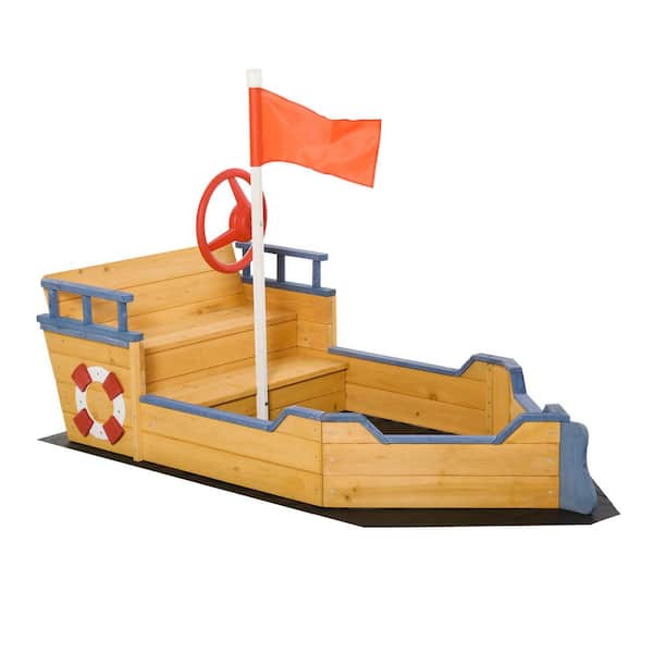 5.19 ft. W x 2.56 ft. L Wooden Kids Pirate Sandbox with Bench Seats, Storage & Non-Woven Fabric Cloth, Outdoor Sandboat