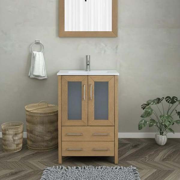24 in. W x 18.1 in. D x 35.8 in. H Single Basin Natural Oak Bath Vanity with White Ceramic Top and Mirror
