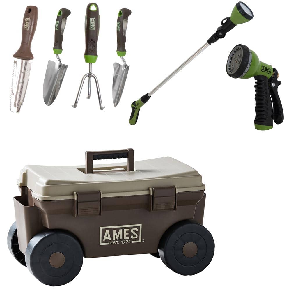 7-Piece Planting, Watering, and Rolling Cart Garden Tool Set for Outdoor Ga
