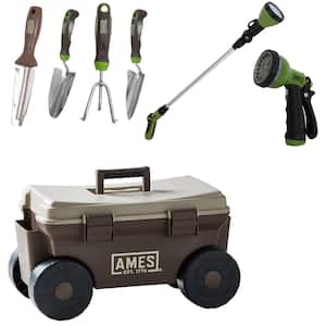 7-Piece Planting, Watering, and Rolling Cart Garden Tool Set for Outdoor Gardening