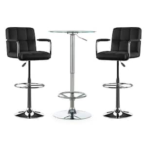 Smith 3-Piece Round Glass Top Adjustable Chrome Base with Adjustable Black Faux Leather Barstool Bar Table Set