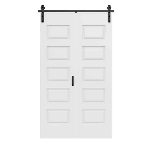 48 in. x 84 in. Paneled 5-Lite White Primed Hollow Core MDF Composite Bi-fold Door with Bifold Barn Door Hardware