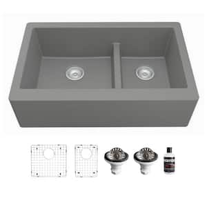 QA-760 Quartz/Granite 34 in. Double Bowl 60/40 Farmhouse/Apron Front Kitchen Sink in Grey with Grid and Strainer