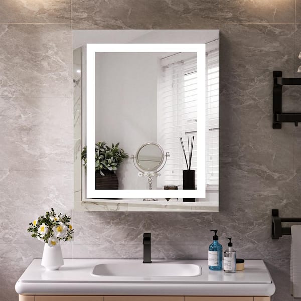 WOODSAM 24 in. W x 30 in H Rectangular Aluminum Recessed/Surface Mount Left Bathroom Medicine Cabinet with Mirror and LED Light