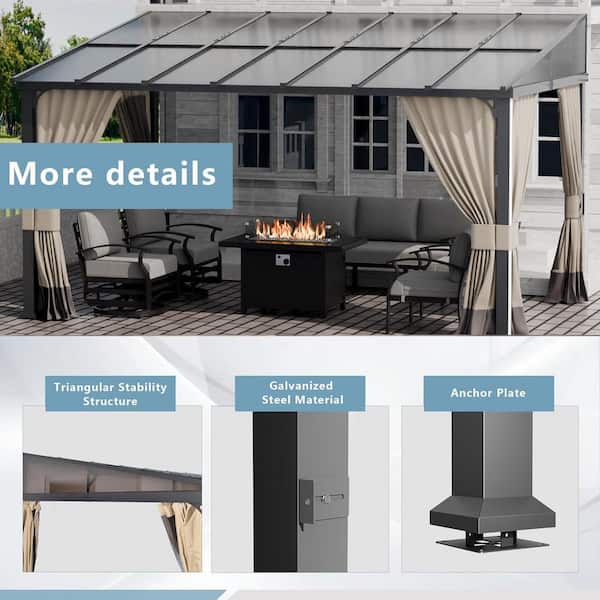 10 ft. x 14 ft. Gray Hardtop Sloping Pitched Roof Wall-Mounted Gazebo With Curtain And Netting, Sand