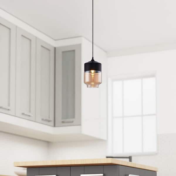 LAZZUR Mayenne 1-Light 7 in. Matte Black Pendant With Amber Glass Shade
