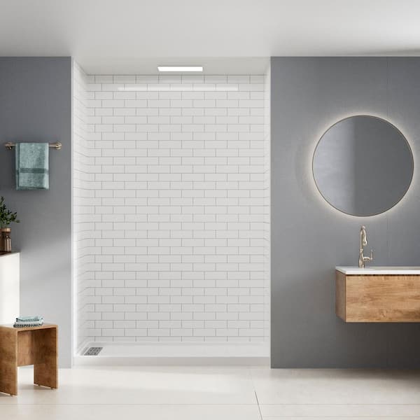 32 in. L x 60 in. W x 96 in. H 4 Pieces Alcove SMC Shower Kit with Surround and Base in Glossy White Bricks Left Drain