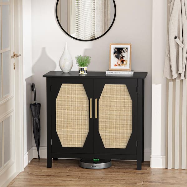 Aupodin Black 29.1 in. Rattan Cabinet Sideboard Storage Cabinet with 2-Shelves for Entryway Dining Room
