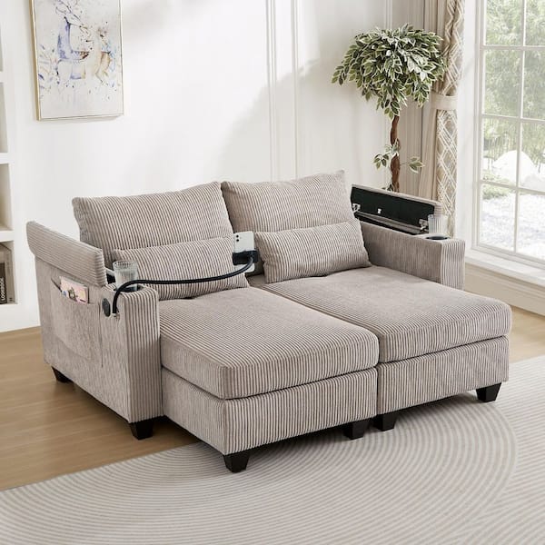 Brown Corduroy Polyester Convertible Chaise Lounge with Storage Armrests, Cup Holders, Phone Holder and USB Ports