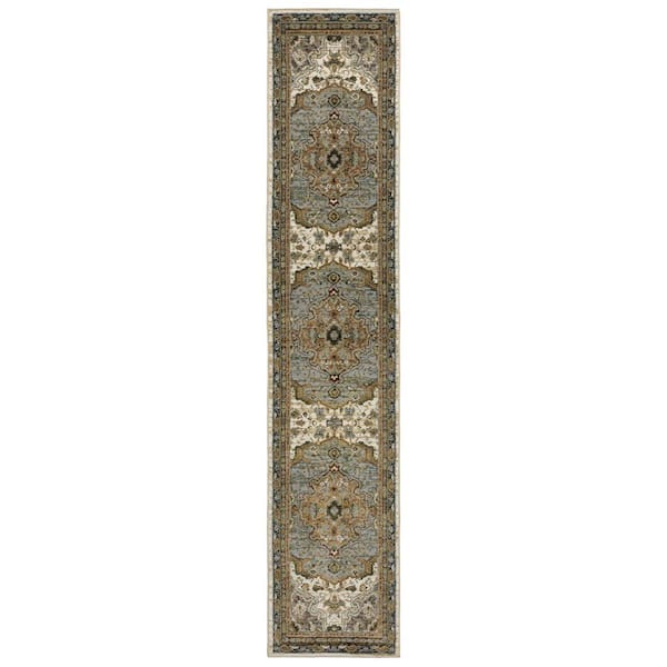 2 X 12 Ivory, Blue Oriental Washable Area Rug Runner Rug