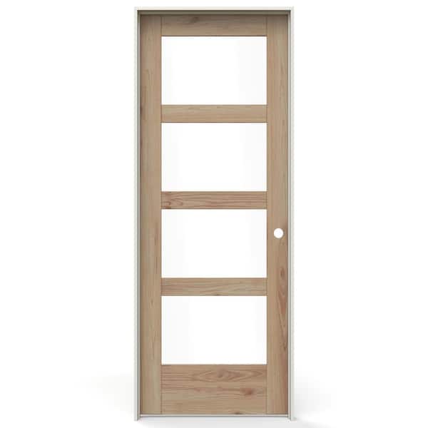 30 in. x 80 in. Left-Handed 4 Lite Clear Glass Unfinished Solid Core Wood Single Prehung Interior Door with Black Hinges