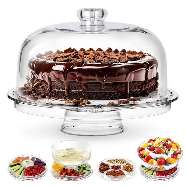 1-Piece 6-in-1 Acrylic Cake Stand Carrier Set with Dome Cover, Multi-Functional Serving Platter, Salad Bowl,Dessert Tray