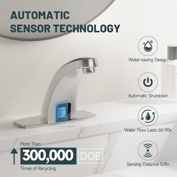 Automatic Sensor Touchless Single Hole Bathroom Sink Faucet with Deck Plate in Brushed Nickel