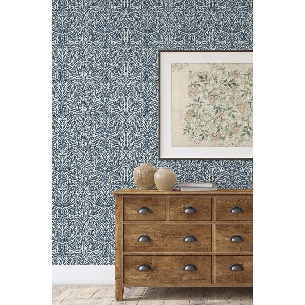 Indigo Damask Self-Adhesive Vinyl Peel and Stick Wallpaper Roll