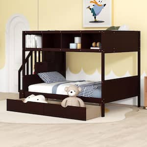Espresso Twin Over Full Bunk Bed with Shelfs, Storage Staircase and 2-Drawers