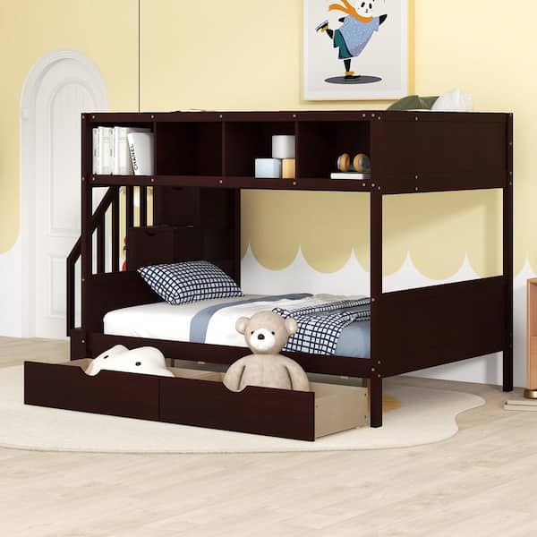 Polibi Espresso Twin Over Full Bunk Bed with Shelfs, Storage Staircase and 2-Drawers