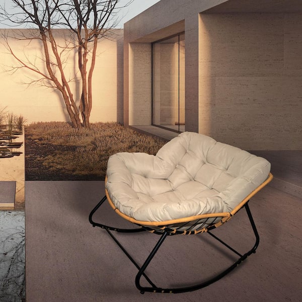 Larger Metal Outdoor Rocking Chair, Patio Egg Rocking Chair, with Beige Cushions, for Room, Porch, Garden, Lawn