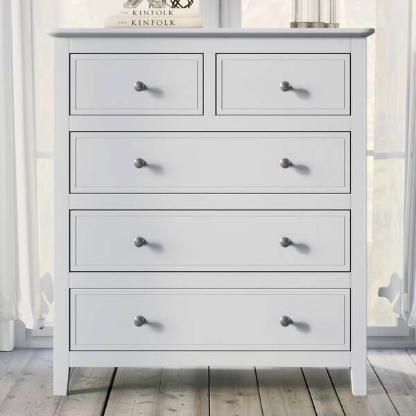 ANBAZAR Modern 5-Drawers White Solid Bedroom Storage Chest of Drawers 36.0"H x 15.3" W x 32.6"D, Chic Wood Chest without Mirror