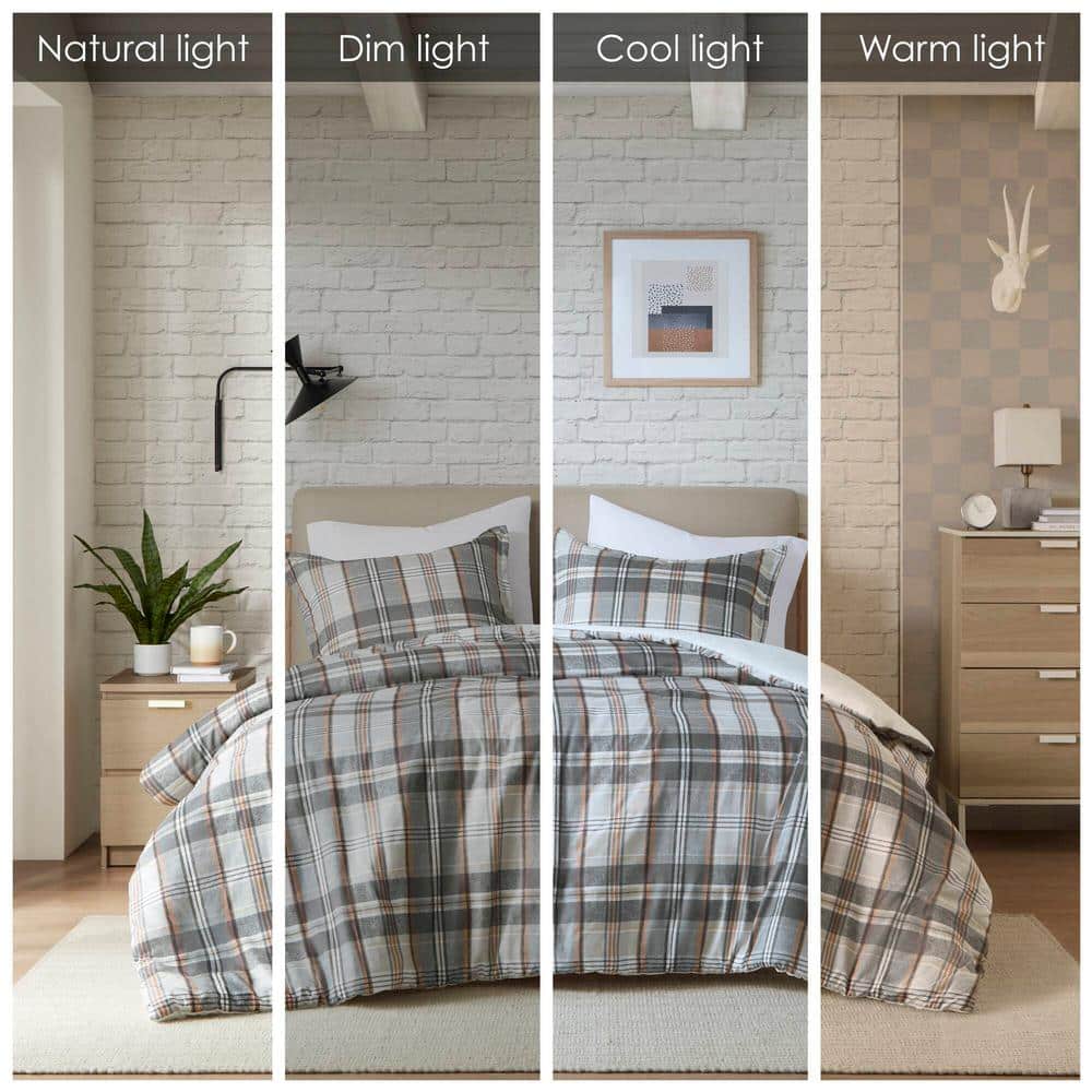 Tan and Gray Plaid Cotton Full/Queen Duvet Cover Set