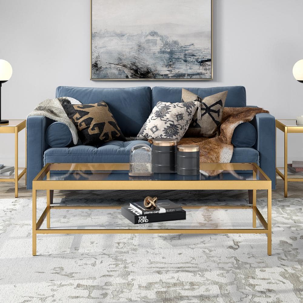 Modern Rectangular Metal & Glass Coffee Table with Shelf - Brass Finish