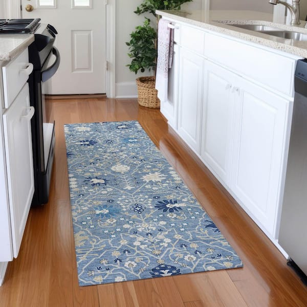 Mayfield Premium Machine Washable Abstract AMF1009 Denim 2 ft. 3 in. x 7 ft. 6 in. Runner Rug