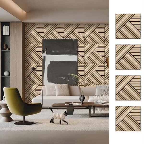 0.4 in. x 24 in. x 24 in. White Oak Self-Adhesive Stripe Pattern Sound Absorbing Wall Paneling (4-Pack)