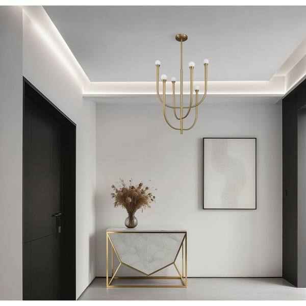 Thesis Dahlia 23 in. 6-Light Brass Chandelier with Opal Glass