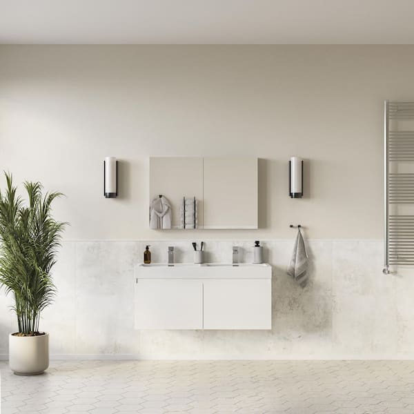 Mezzo 48 in. Vanity in White with Acrylic Vanity Top in White with White Basins and Mirrored Medicine Cabinet