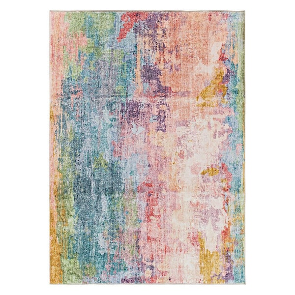 Contemporary Distressed Abstract Washable Non Slip Multi 8' x 10' Area Rug