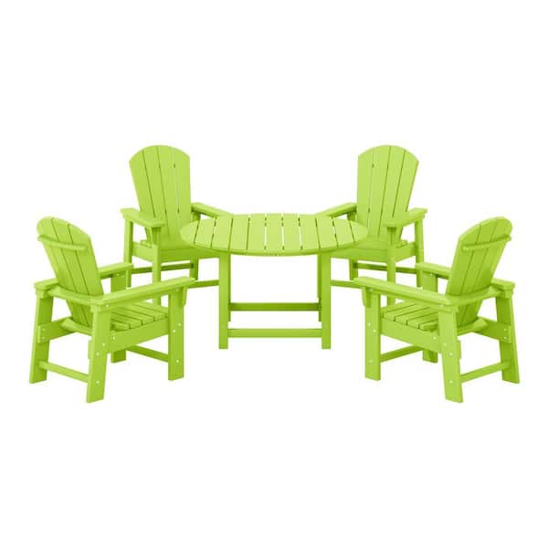 Children's Laguna Outdoor Patio All Weather Plastic 5-Piece Kids Adirondack Round Picnic Table Dining Set in Lime