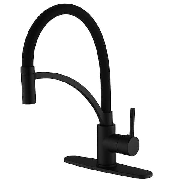 BWE Single-Handle Pull-Down Sprayer 1 Spray High Arc Kitchen Faucet With Deck Plate in Matte Black