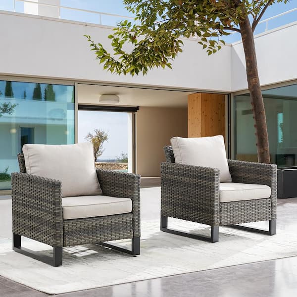 Gymojoy Valenta Gray Wicker Outdoor Lounge Chair with Beige Cushion (2-Pack)