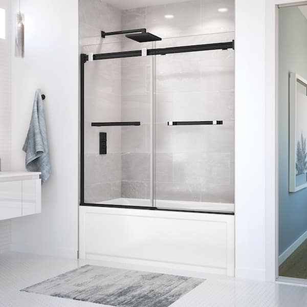 Duel 56-59 x 55 ½ x 59 in. 8 mm Frameless Tub Door for Alcove Installation with Clear glass in Matte Black & Chrome