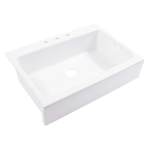 Parker 34 in. 3-Hole Quick-Fit Farmhouse/Apron-Front Drop-In Single Bowl Crisp White Fireclay Kitchen Sink and Drain