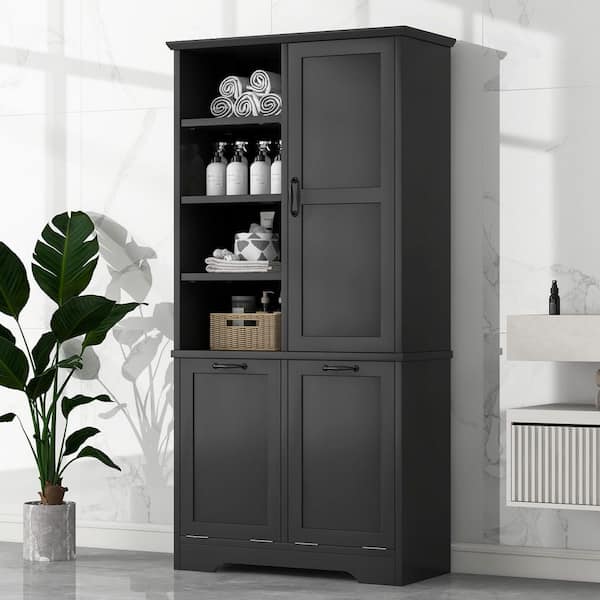68 in. H Black Bathroom Pantry Organizer Storage Cabinet with Doors and Drawers
