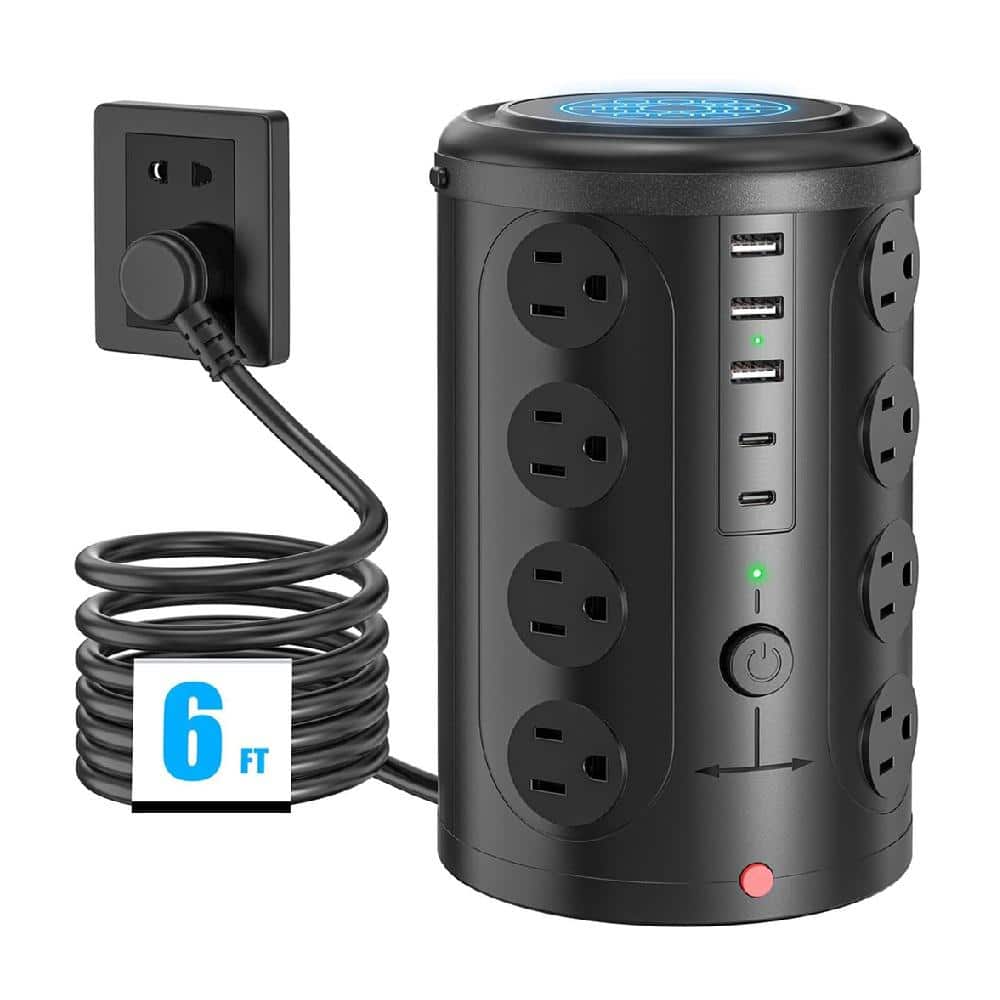 Black Heavy Duty Tower Power Strip with 16 Outlets and 5 USB Ports