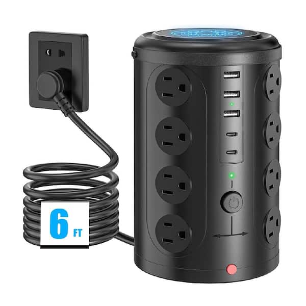 16-Outlet Power Strip Surge Protector Tower Flat Plug 6 ft. Extension Cord with 3 USB A Ports and 2 USB C Ports, Black