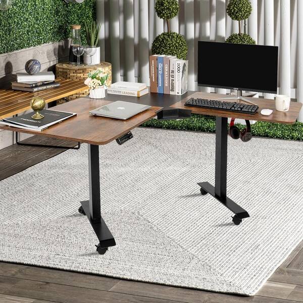 Siavonce 53 In Black And Brown L Shaped Electric Corner Standing Desk With Adjustable Height Ly K Fx06 Fp The Home Depot