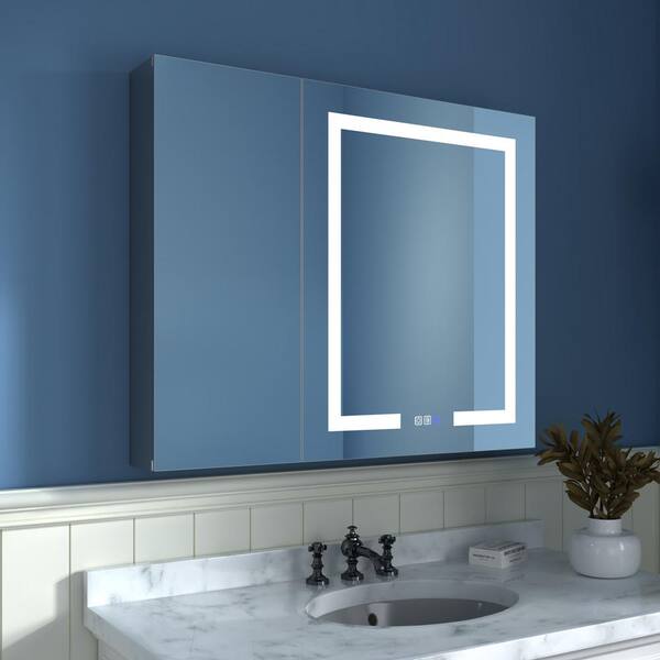 36 in. W x 30 in. H Rectangular Silver Aluminum Recessed/Surface Mount Medicine Cabinet with Mirror and LED