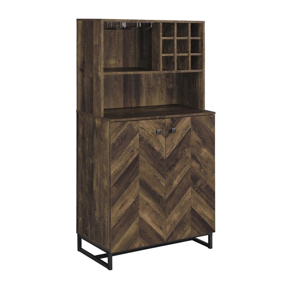 Mendoza Rustic Oak Herringbone and Gunmetal 2-Door Wine Cabinet