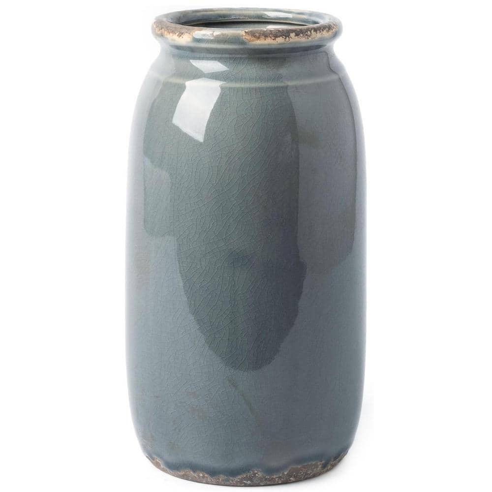 The Ceramic Vases for Flowers，9.8 Inch Vintage Blue Gray Flower vase，Fa